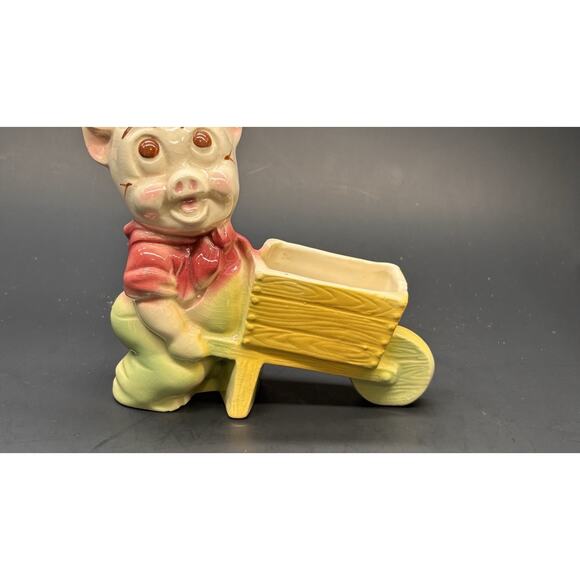 Vintage 1950s Shawnee Pottery Pig Planter, "Smiley Porky Pig" w/Wheelbarrow - Picture 14 of 15